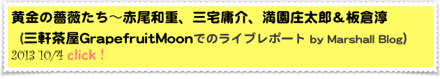 黄金の薔薇たち～赤尾和重、三宅庸介、満園庄太郎＆板倉淳 （三軒茶屋GrapefruitMoonでのライブレポート by Marshall Blog）
2013 10/4 click！