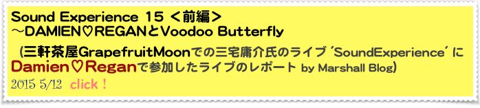 Sound Experience 15 ＜前編＞
～DAMIEN♡REGANとVoodoo Butterfly
（三軒茶屋GrapefruitMoonでの三宅庸介氏のライブ 'SoundExperience' にDamien♡Reganで参加したライブのレポート by Marshall Blog）
2015 5/12  click！